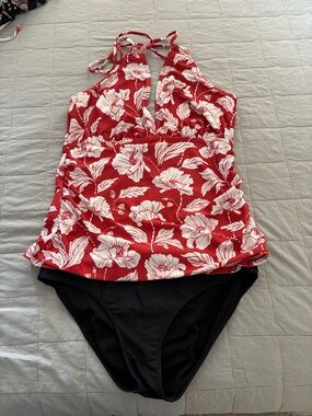 Red Floral Halter One-Piece Tankini with Black Bottoms